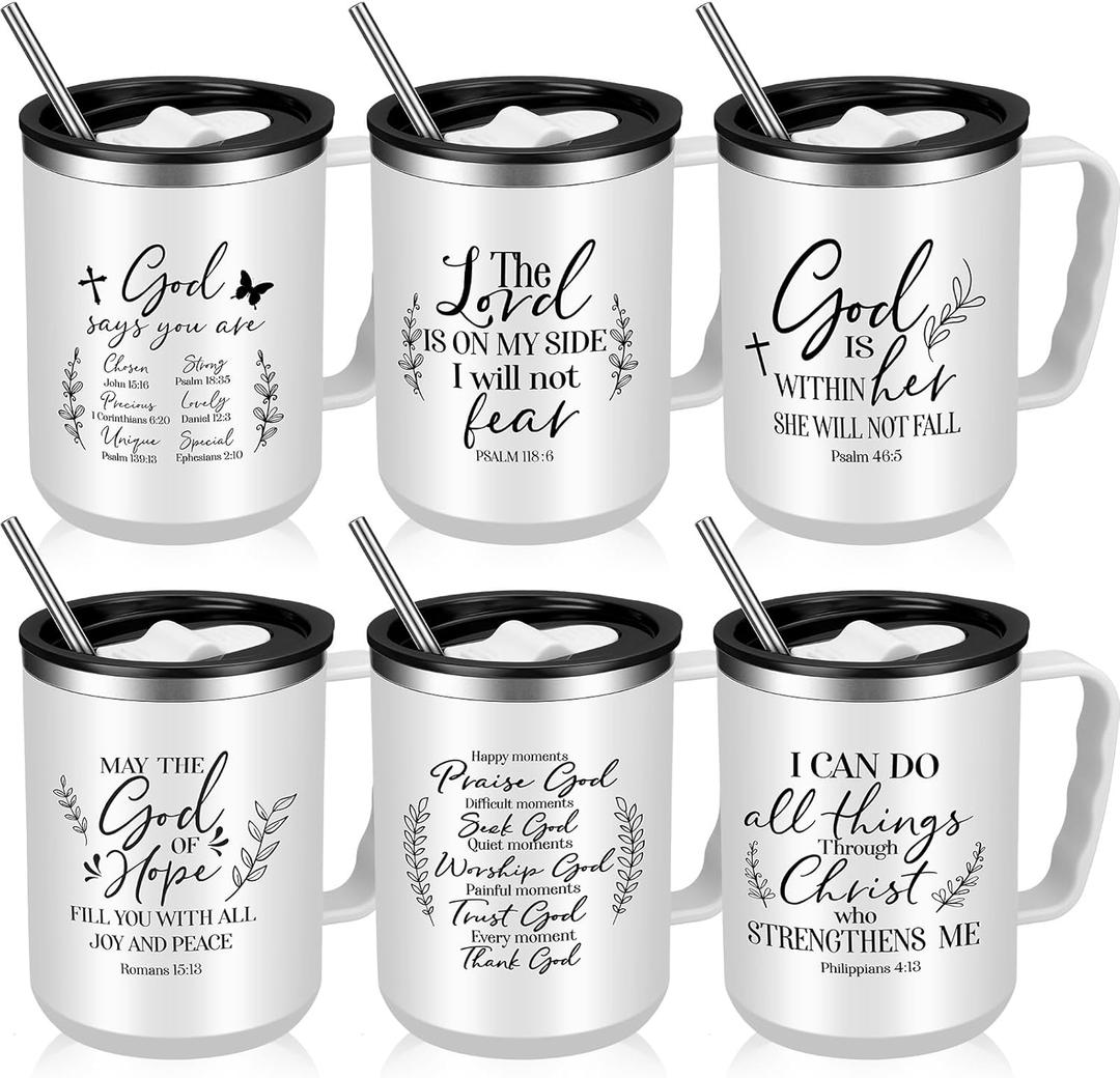 Nitial 6 Pcs 17 oz Christian Coffee Mugs with Lid and Straw Religious Bible Verse Christian Gifts Insulated Inspirational Bible Affirmations Tumbler for Friend Men Women Favor (White)