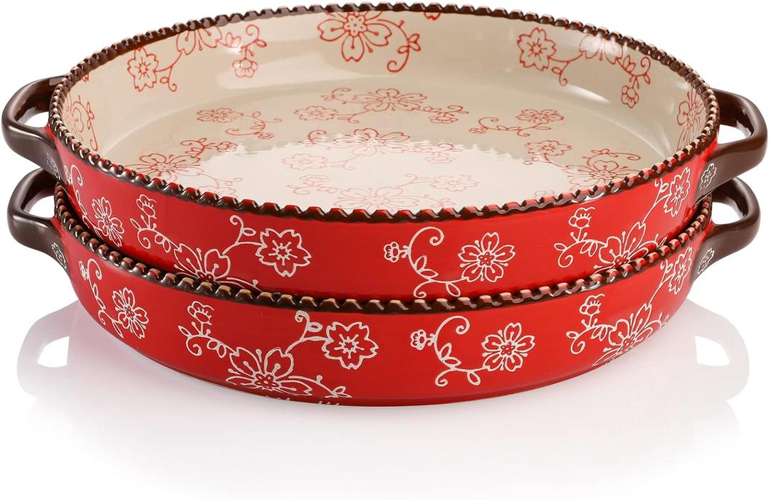 AVLA 2 Pack Ceramic Pie Pan, 9 Inch Round Baking Dish with Double Handle, 28 Ounce Deep Quiche Plate for Kitchen, Cooking, Roasting Lasagna (Sakura, Red)
