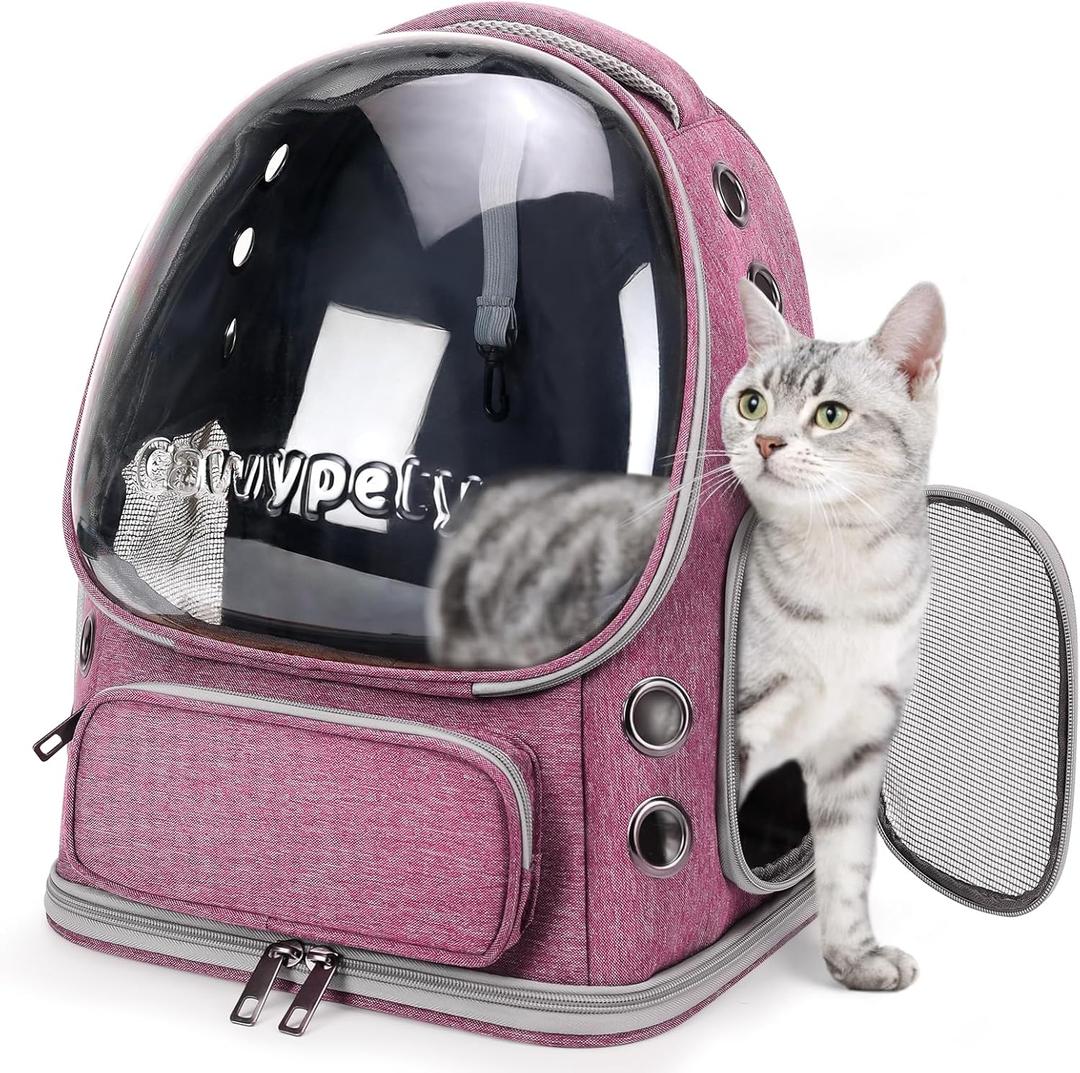 Cat Backpack Carrier, Breathable Cat Carrier Large Space Bubble Pet Backpack for Kitty Small Dog up to 15lbs, Transparent & Foldable Pet Carrier for Travel HikingPink