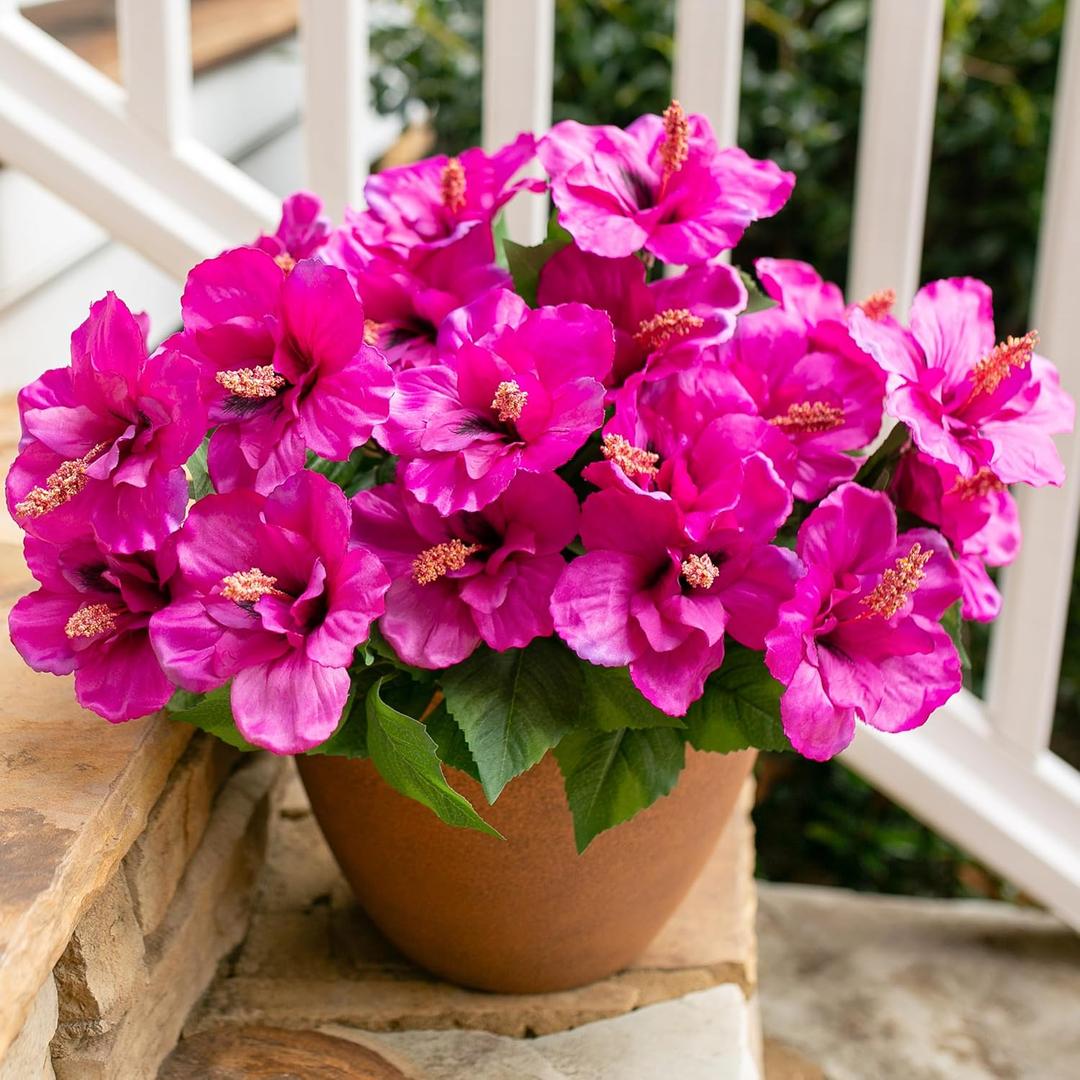 HyeFlora Artificial Hibiscus Flowers for Outdoors Faux Plant Spring Decor, 4 Bundles Fake Tropical Flowers UV Resistant Realistic Outdoor Silk Flower for Outside Planter Porch Patio Garden Window Home (Purple Red Hibiscus)