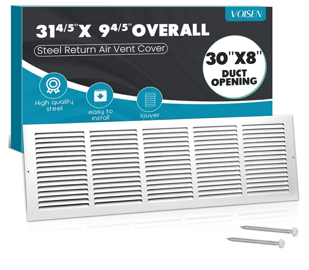 VOISEN Return Air Grille,Fits 30x8 Duct Opening,Steel Return Vent Cover, White Vent Cover Grill for Sidewall and Ceiling,HAVC Cold Air Return Vent Cover,Overall Size:31.8"W X 9.8"H VOISEN Return Air Grille,Fits 30x8 Duct Opening,Steel Return Vent Cover, White Vent Cover Grill for Sidewall and Ceiling,HAVC Cold Air Return Vent Cover,Overall Size:31.8"W X 9.8"H