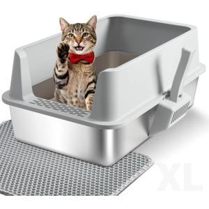 Stainless Steel Cat Litter Box, XL Metal Litter Box with High Sides Lid, Extra Large Cat Litter Boxes for Big Cats, Anti-Urine Leakage, Easy Cleaning, Odor Free, Non-Sticky, Include Scoop and Mat