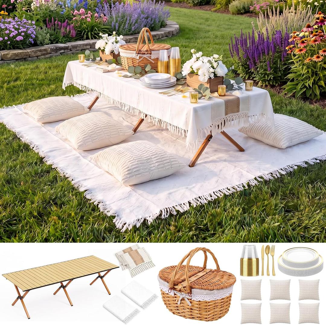 Huwena 151 Pcs Picnic Set Folding Picnic Table 59'' x 23.6'' Extra Large Outdoor Boho Blanket Empty Picnics Baskets Tablecloth Beige Table Runner 6 Pillow Cover Plates and Cutlery Set for Camp Wedding