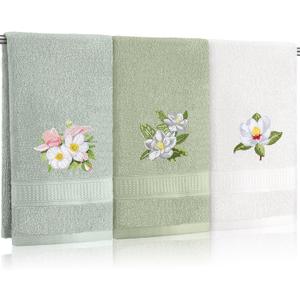 Tingjoo 3 Pcs Sage Green Magnolia Floral Hand Towels Farmhouse Green White Magnolia Bath Towels 14x29 Inch Soft Washable Embroidered Flower Decorative Spring Summer Cotton Decor for Bathroom Kitchen