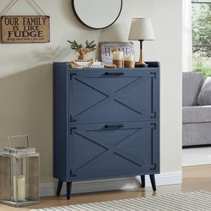 Shoe Storage Cabinet,Farmhouse Shoe Organizer with 2 Flip Drawers & Barn Door Design,Freestanding Hidden Slim Narrow Shoe Rack Cabinet for Entryway,Foyer,Hallway,Blue (2-Drawers)