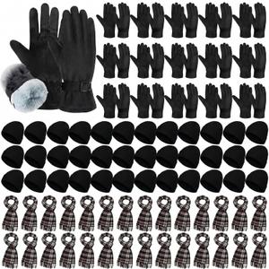 48 Pcs Winter Beanie Hat Glove Scarf Set Bulk Fleece Windproof Ski Glove Plaid Scarves Warm Beanie Cap for Women Men Homeless