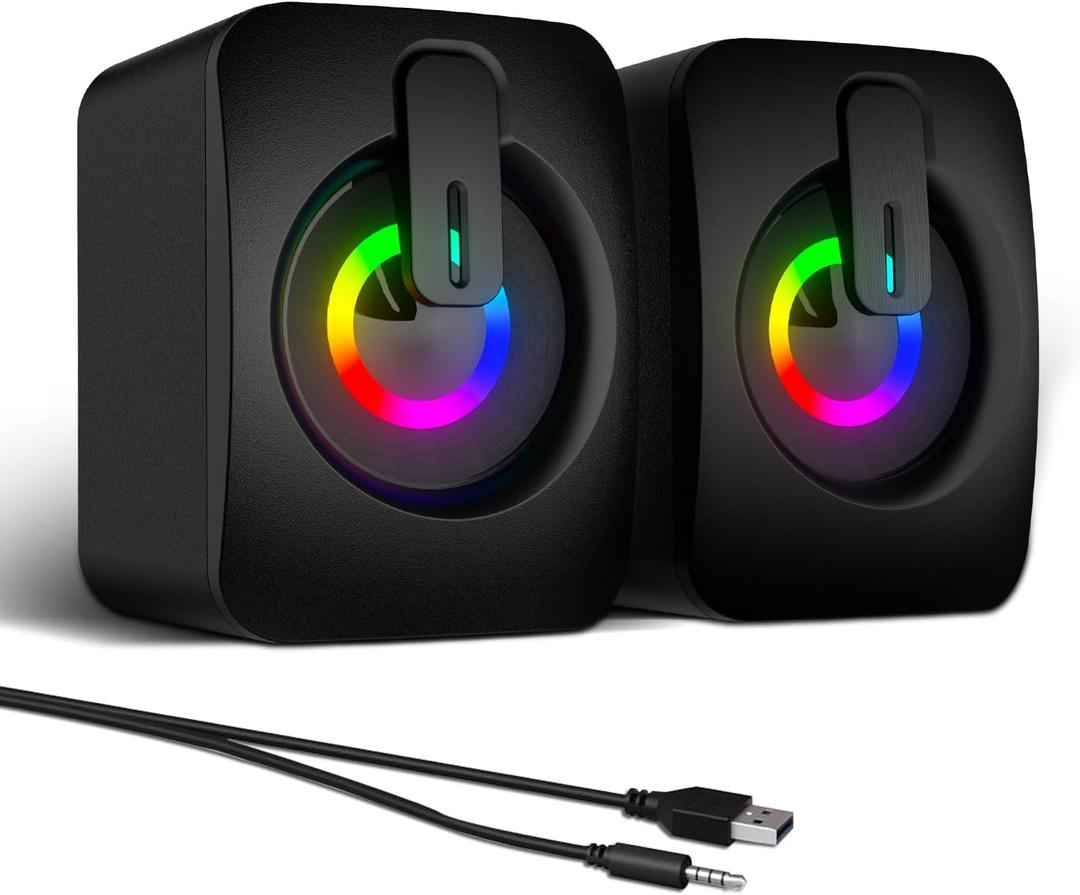 MELOGAGA RGB Computer Speakers, USB-Powered PC Speakers with 7-Color LED Backlight, 3.5mm Aux Compact Soundbar for Desktop, Laptop, Tablet  Crisp Audio & Space-Saving Design