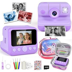 Kids Instant Print Camera, 30MP 1080P HD Digital Camera for Boys Girls with Color Pens & 32GB Card, Christmas Birthday Gifts Kids Toys for 3-12 Years Old (Purple) (Purple with Bonus Carry Bag)