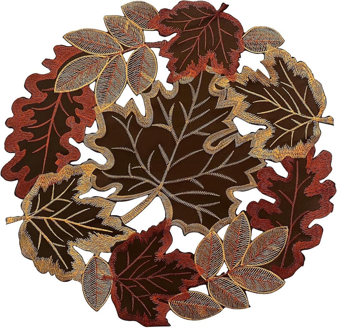 Set of 4 Round Fall Embroidered Placemats with Maple Leaves Design, Farmhouse Fall Thanksgiving Table Harvest Decorations (Round 15 inches)