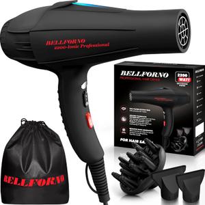 Professional 2200W Diffuser Hair Dryer for Curly and Natural Wavy Hair, Low Noise Negative Ionic Blow Dryer with Diffuser, The New Upgraded Motor & Ceramic Technology for Fast Drying by BELLFORNO (Black)