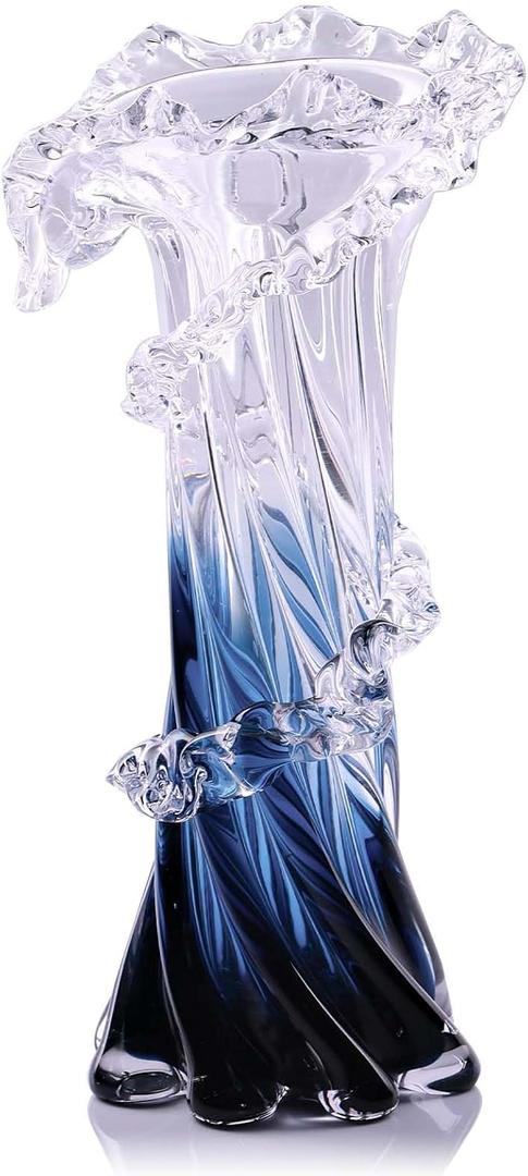 12" H Blue Blown Glass Vase, Modern Art Hand Blown Coastal Vase,Beautiful Unique Ocean Wave Centerpieces for Living Room, Bedroom, Office Desktop,Coffee Table and Wedding Decorative (L)