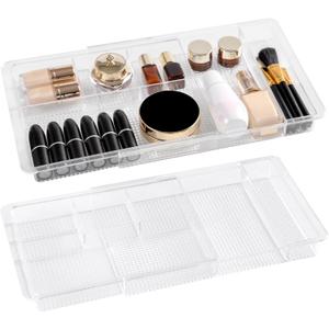 Oubonun Expandable Drawer Organizer 11.1 to 19.2 Width, Shallow Cosmetic Organizer 1.3 Height, 2 Packs, Clear Plastic Storage Trays for Dressing Table,Bathroom