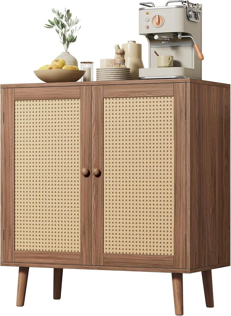 Huuger Buffet Cabinet with Storage, Storage Cabinet with Synthetic Rattan Decor Doors, Accent with Solid Wood Feet, Sideboard for Hallway, Entry, Living Room, Walnut