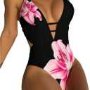 SweatyRocks Women's Floral Deep V Neck Criss Cross One Piece Swimsuit Swimwear Bathing Suit, Medium