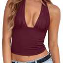 REORIA Women's Halter Tops Plunge Neck Backless Double Lined Sexy Going Out Crop Tops Summer Outfits 2026 XL