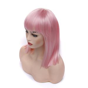 morvally Short Straight Bob Wig with Flat Bangs Natural Looking Heat Resistant Hair Cosplay Costume Wigs (14 inches Pink)