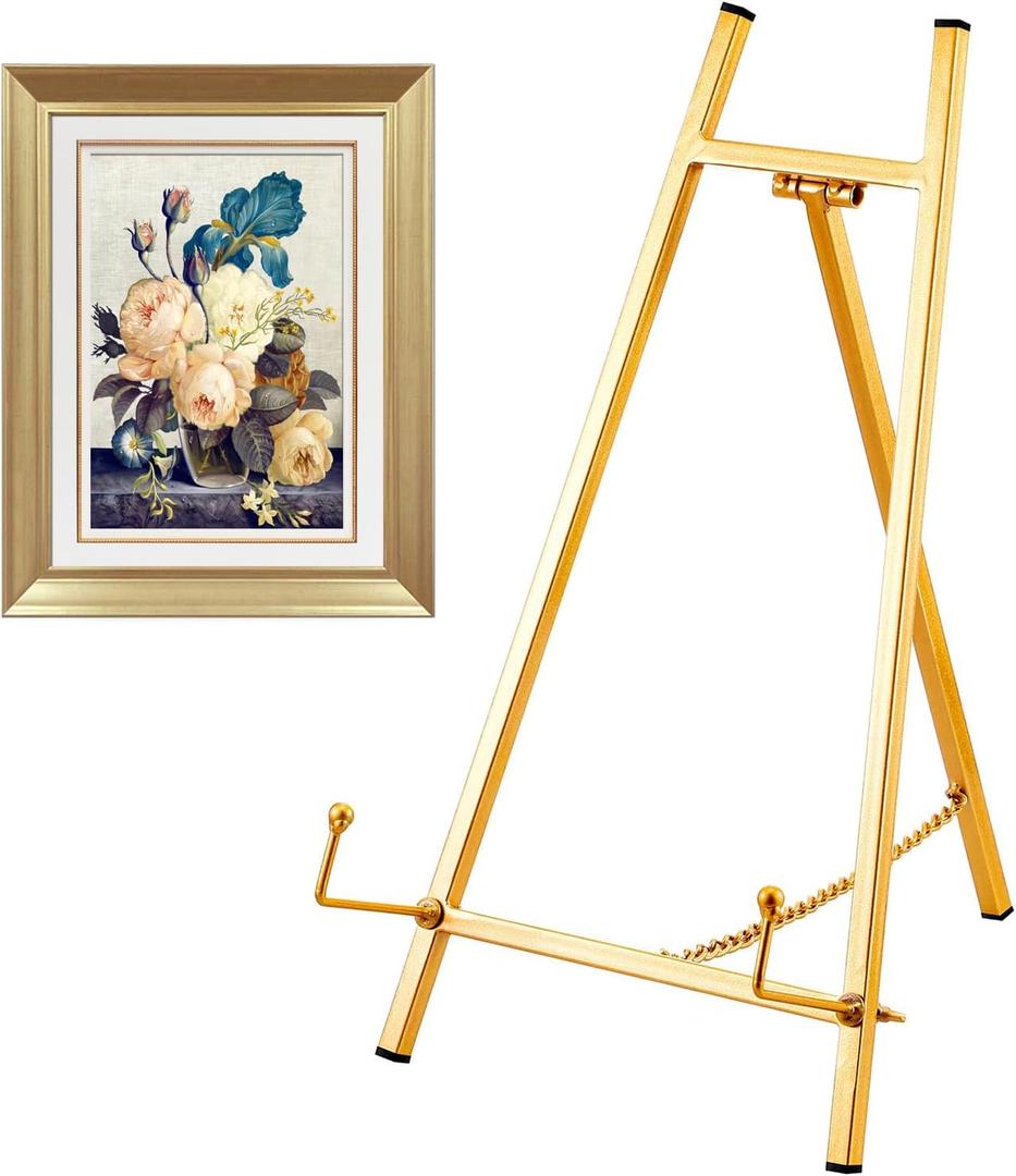 Gold Metal Easel Stand Tripod Plate Stands for Display Mirror Stand Modern Plate Holder Floor Table Top Easel for Displaying Artwork Picture Book Photo 16.5" H