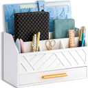 dreampossible white Wood Desk Organizer and Accessories with Drawer, Bill Mail Organizer and File Mail Holder for Office Supplies, Modern Desk Accessories & Workspace Organizers for Desk Organization
