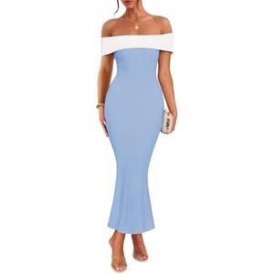 ZESICA Women's 2025 Summer Off The Shoulder Ribbed Knit Sweater Dresses Sleeveless Color Block Party Bodycon Maxi Dress, Large 
