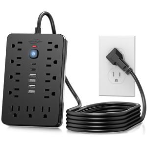 JouleLoom 10 FT Flat Plug Surge Protector Power Strip,11 Multiple AC Outlets with 6 USB Ports (2 USB C), 10 Feet Extension Cord, 1250W/10A, One Touch Switch Button, 17 in 1 Compact powerstrip