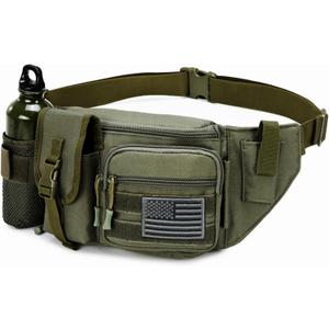 Tactical Fanny Pack For Men, Military Waist Bag Adjustable Hip Belt BumBag EDC Bags for Outdoor Fishing Hiking Hunting with Bottle Holder Pouch and US Flag Patch (Green)