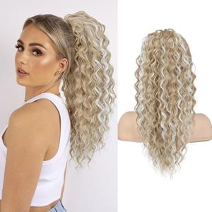 SEIKEA Ponytail Extension, PT005 Isabella 18" Long Bohemian Curly Drawstring Ponytail Light Fluffy Multi Layered Clip in Hair Extensions Ponytail Natural Soft Synthetic Hairpiece Blonde/White Blonde