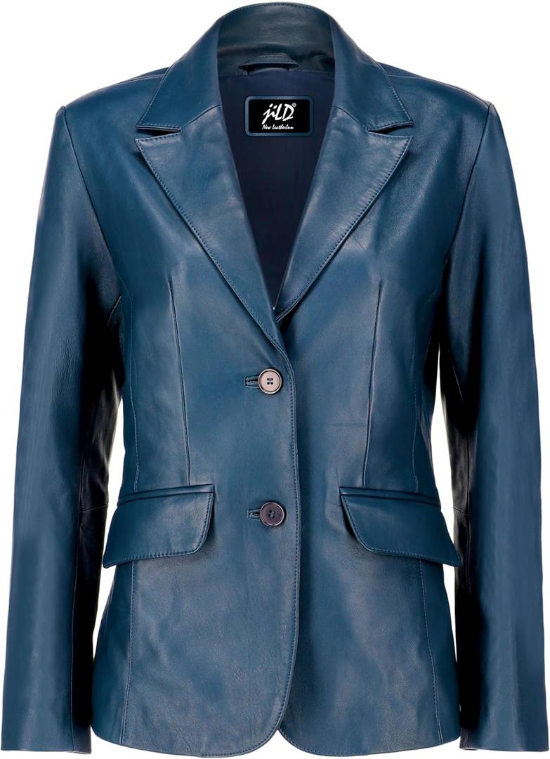 Jild Classic 2-Button Lambskin Leather Blazer Women - Casual Coat Long Sleeves Suit Style Leather Jacket Women (Large, Blue)