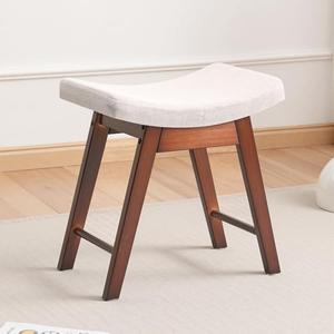 COSTASKF Small Vanity Stool with Saddle Cushion, Solid Wood Makeup Chair with Sponge Seat, Easy to Assemble Footrest Bench for Bedroom, Entryway, Bathroom, Flax Walnut