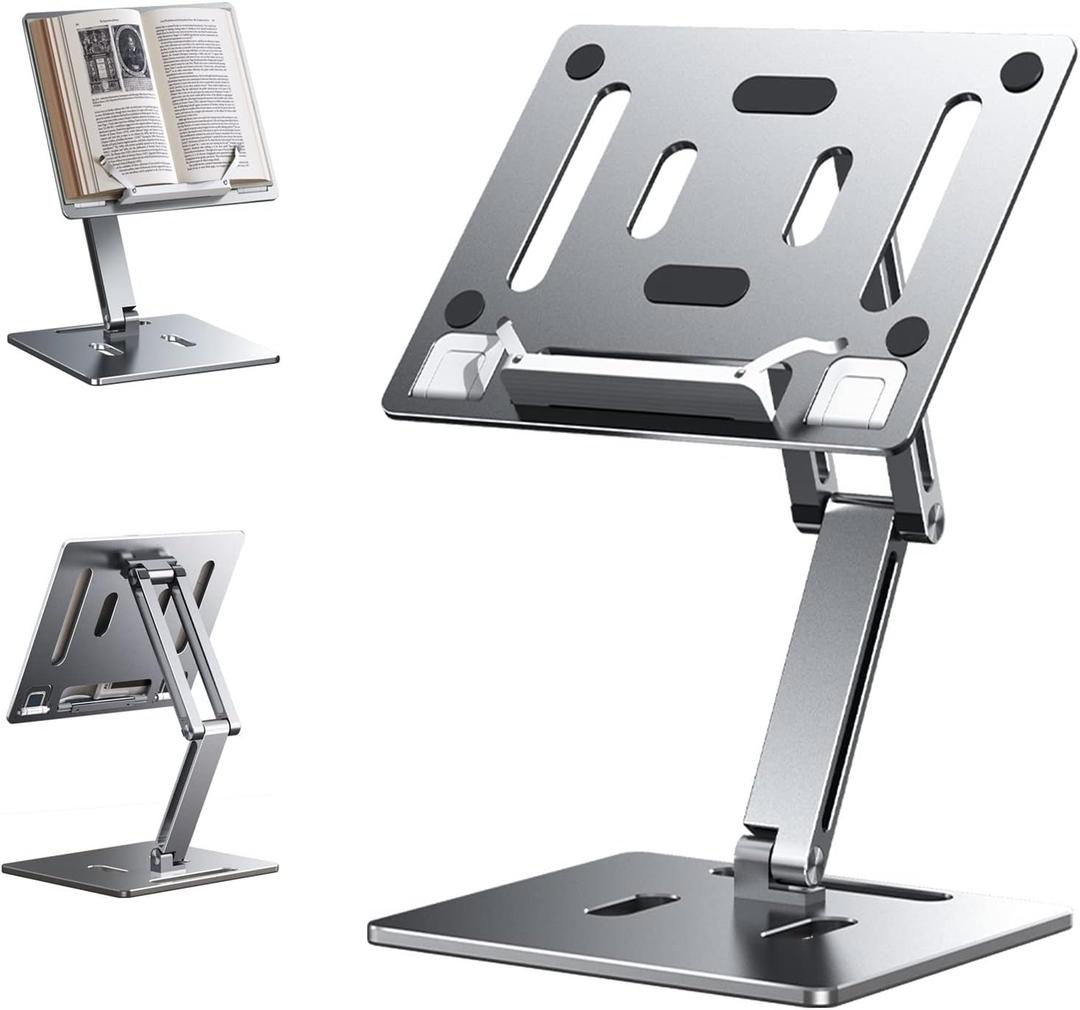 OATSBASF Adjustable Book Stand for Reading, Foldable Book Holder Multi Heights Angles Cookbook, Laptop & Tablet Stand for Child Textbook/Recipe/Magazine/Pad (Silver)