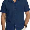 PJ PAUL JONES Mens Linen Shirt Cotton Hawaiian Shirts Short Sleeve Button Down Casual Cuban Summer Beach Shirts with Pocket (Blue, M)