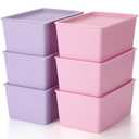 Menkxi 6 Pcs Storage Bins with Lids Small Plastic Storage Containers Stackable Storing Baskets Box Cute Organizer Bins for Organizing Shelves (Pink, Purple)