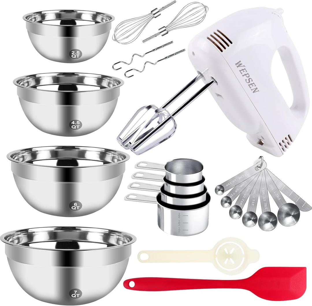5-Speed Electric Hand Mixer, 4 Large Mixing Bowls Set, Handheld Mixers with Whisks Beater, Stainless Steel Metal Nesting Bowl Measuring Cups Spoons Kitchen Cake Blender for Baking Supplies (Cake Mixer with Bowls Set)