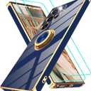 Gritup for Samsung Galaxy S23 Ultra Case: with 2Pcs Screen Protector, 360 Rotation Ring Holder Magnetic Kickstand, Plating Gold Edge Soft TPU Shockproof Protective Cover for S23 Ultra, Blue