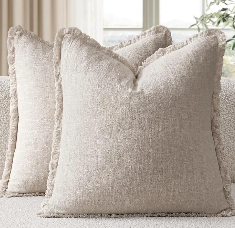 EMEMA Linen Fringe Throw Pillow Covers Set of 2 Boho Farmhouse Accent Decorative Pillowcase with Tassels for Couch Sofa Bed Living Room Home Decor 26x26 Inch,Natural Beige