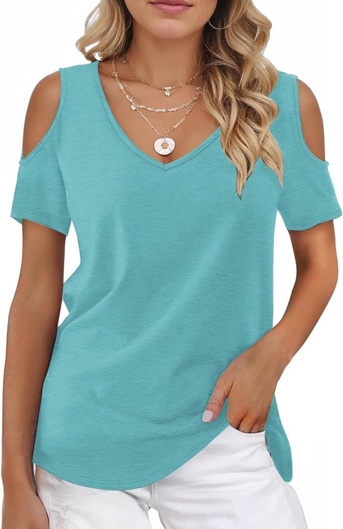 Buauty Womens Summer Trendy Shirts V Neck Criss Cross Cold Shoulder Tops Solid Color Fashion Casual Loose Sexy Blouse (Medium, Turquoise)