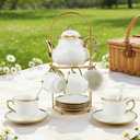 20-Piece Porcelain Tea Sets for Adults, British Style Tea Party Sets for 6 Adults, Includes Tea Cups and Saucers, Teapot, Spoons & Metal Rack, Elegant Ceramic Tea Set for Women, Wedding & Home Decor