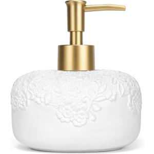 Ceramic White Liquid Soap Dispenser with Embossed Design Look, Soap Dispenser with Rust-Proof Plastic Pump 13.5oz for Bathroom Kitchen (1pcs, Gold)