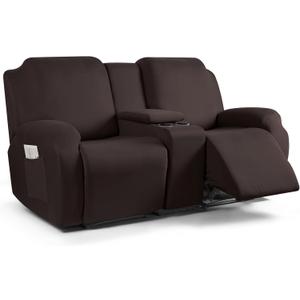 TAOCOCO Reclining Loveseat with Middle Console Slipcover, 4 Piece Polyester Fabric Stretch Loveseat Reclining Sofa Covers (Coffee, 2 Seat Recliner Cover with Console)