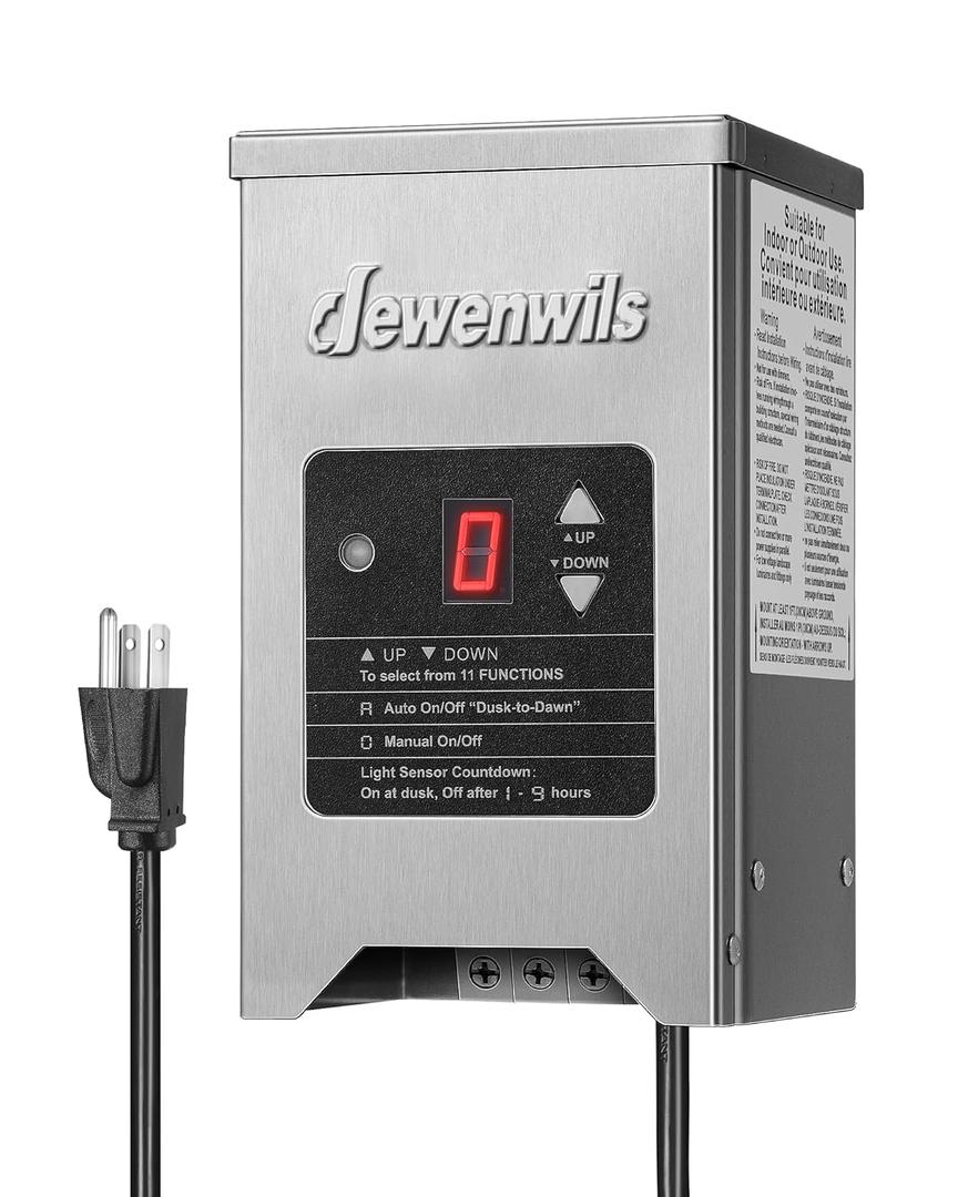 DEWENWILS 150W Low Voltage Landscape Transformer with Photocell Sensor, 120V AC to 12V/15V AC, Low Voltage Transformer for LED Landscape Lights, Spotlight, Weatherproof Stainless Steel, ETL Listed
