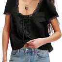 Naileksi Women Boho Button Down Lace Trim Crop Tee Top Short Sleeve Scoop Neck Ruffle Semi Sheer Flowy Tie Front T Shirt. Small