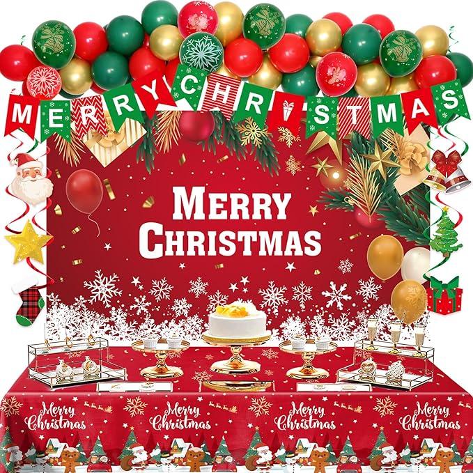 Christmas Party Decorations Set, Red Green Christma Balloon Arch, Merry Christmas Backdrop Banner Xmas Hanging Swirls Tablecloths for Xmas Party Indoor Outdoor Decorations Supplies