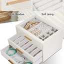 GUOER Jewelry Box for Women, Glass Lid Jewelry Organizer with 3 Drawers PU Jewelry Storage Case for Necklaces Rings Earrings Bracelets, Mother's Day, White