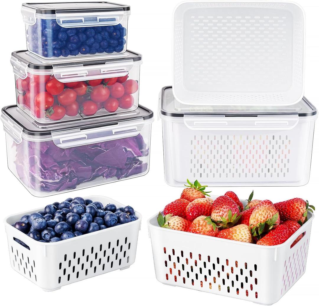 Freshmage Fruit Storage Containers for Fridge with Removable Colander, Airtight Food Storage Container, Dishwasher Safe Produce Saver for Refrigerator, Keep Berry Fruit Fresh Longer 4 pcs Small Clear S