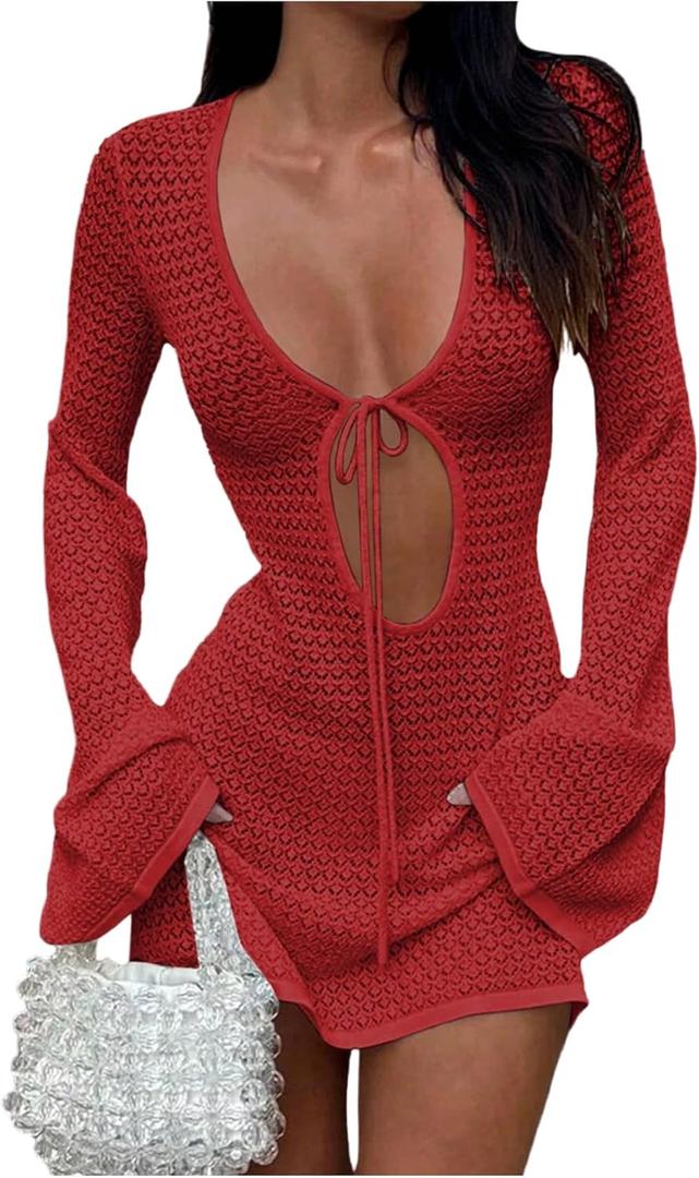 Floerns Women's Summer Holiday Beach Flare Sleeve Tie Front Cover Up Cut Out Mini Dress V Neck Hollow Out Beach Dresses (S, Red)