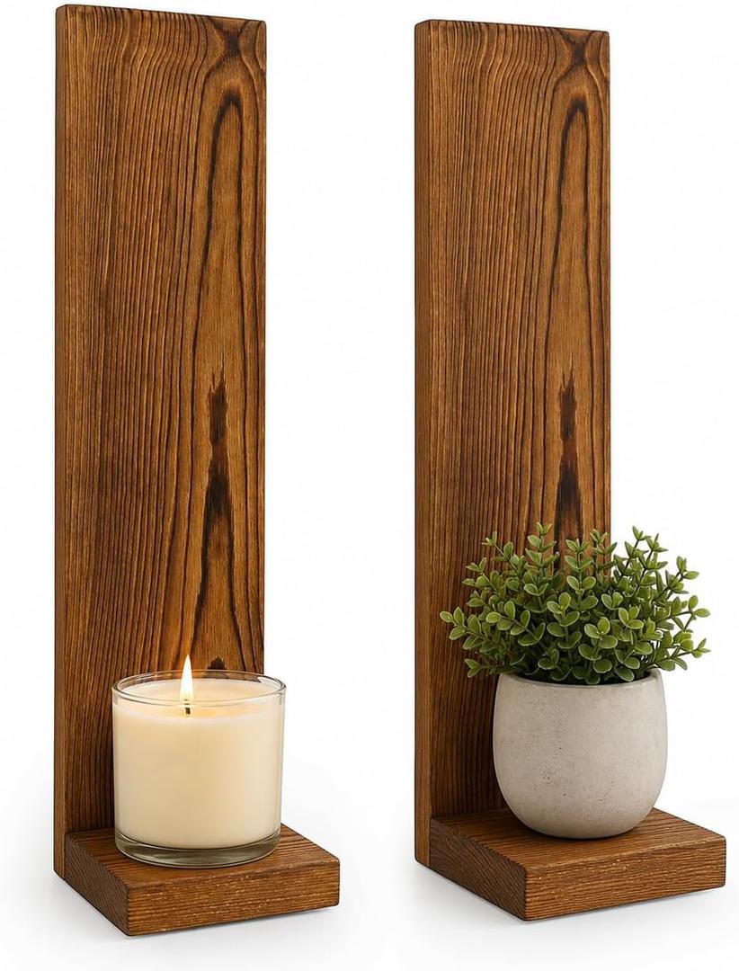 Wall Candle Sconces Set of 2, Rustic Wood Farmhouse Wall Decor, Vintage Brown Candle Holders for Living Room, Bedroom & Hallway