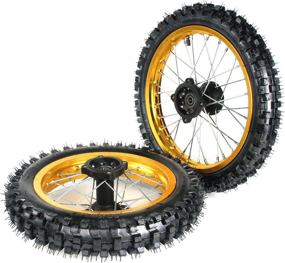 60/100-14 Front Wheel, 80/100-12 Rear Wheel 15mm Axle Bearings for taotao SSR Apollo Kayo 125 140 150cc Pit Bikes Dirt Bike (Gold)