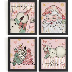 DSHFG Pink Christmas Pictures Wall Decor Prints 4Pcs, Pink Christmas Bathroom Bedroom Wall Art, Snowman Santa Claus Decor Posters, Xmas Decorations for Home, 8x10 Unframed