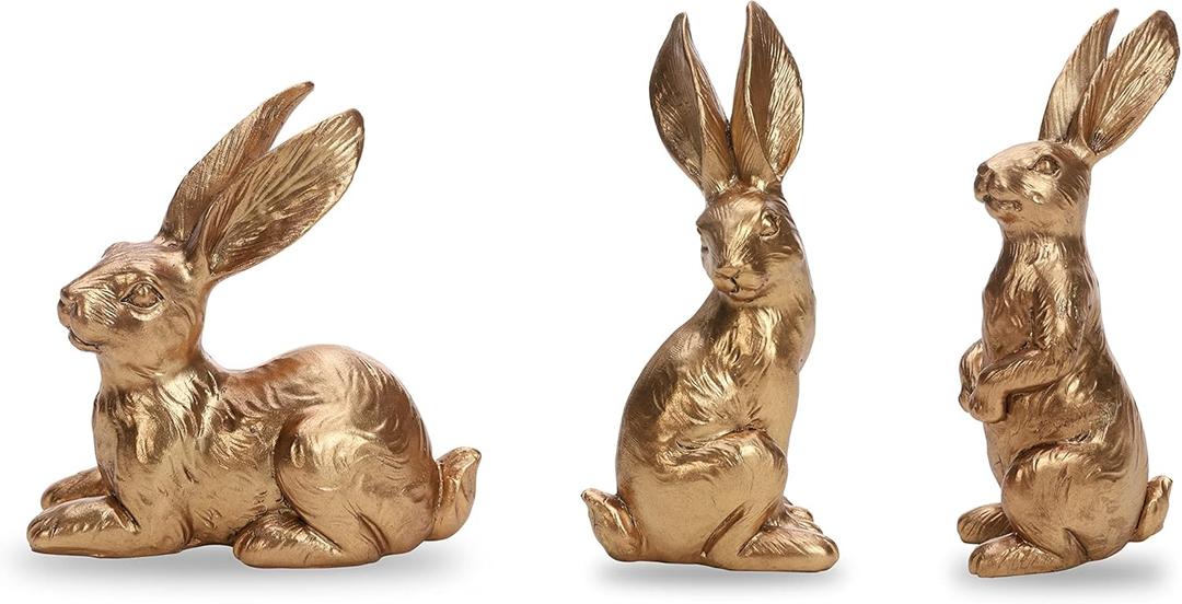 DN DECONATION Easter Decor Bunny Figurines, Vintage Gold Bunny Decor, Resin Small Rabbit Statue Set of 3, Easter Rabbit Bunnies for Table Spring Home Decorations