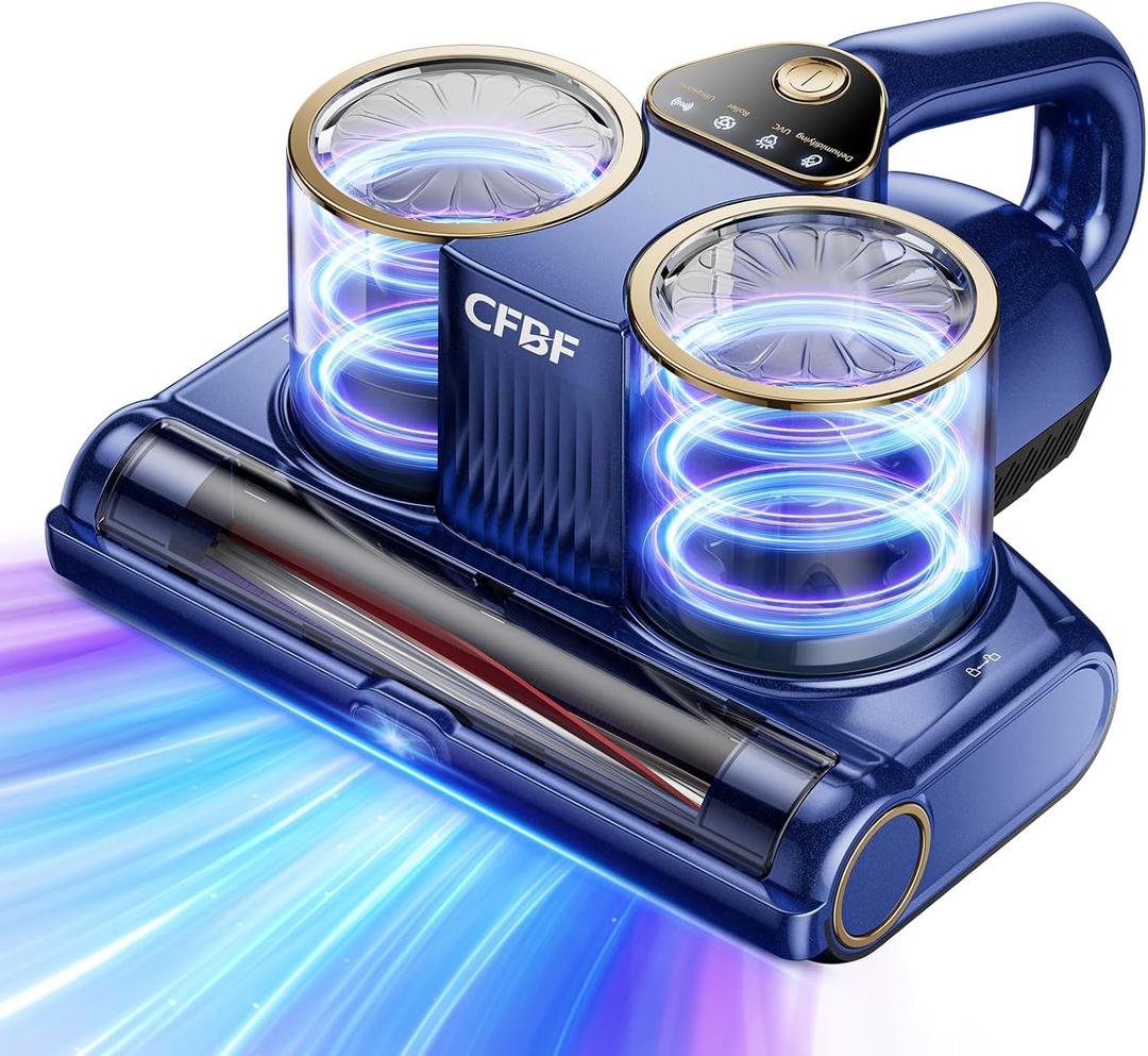 Mattress Vacuum Cleaner, Bed Vacuum Cleaner with 16Kpa Suction 253.7nm UV-C Light, Ultrasonic & High Heating, 500W Powerful Double-Cup Handheld Vacuums for Bed, Sofa, Couch, Crib, 16.4FT Corded (Blue & Gold)