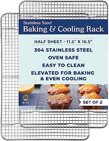 Ultra Cuisine Oven-Safe, Dishwasher-Safe 100% Stainless Steel Cooling and Baking Rack Set Heavy Duty Tight-Wire - 11.5 x 16.5-inch - Set of 2 - Half Sheet Pan Cooling Racks